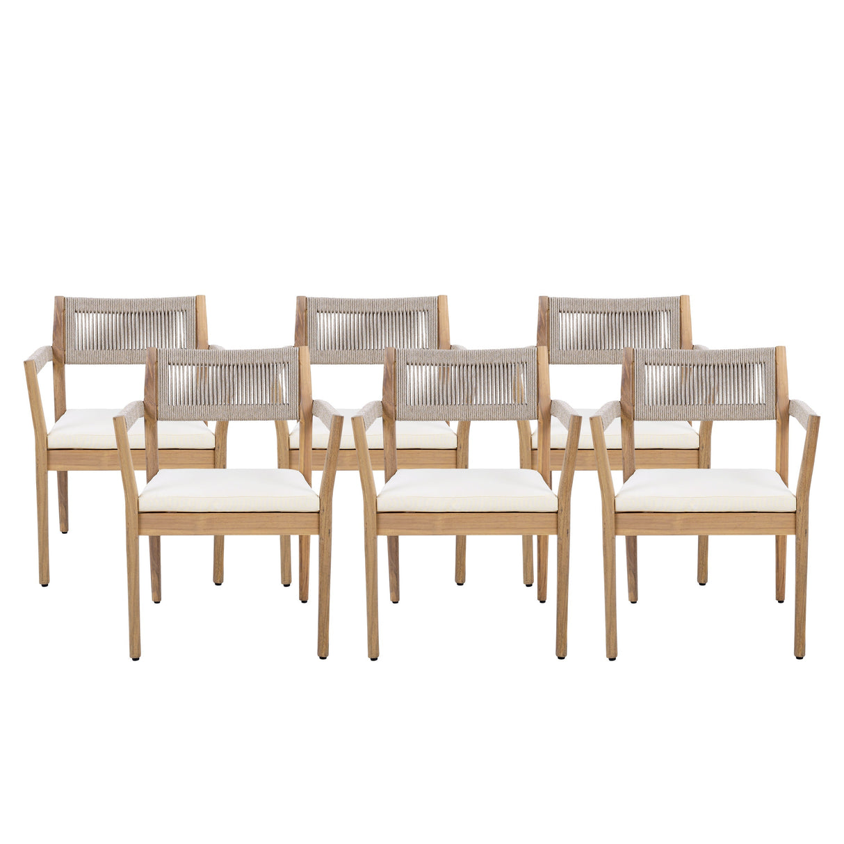 Braided Acacia Wood Outdoor Dining Chairs Set of 2 – Teak Look with Beige Rope & Cream Cushions