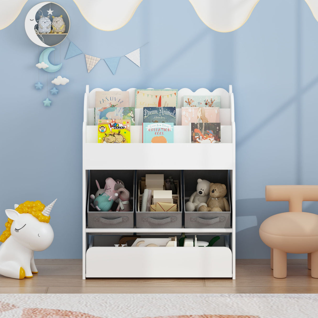 Bookshelf With Storage Bins And Drawer, Multi Functional Book Organizer For Toddlers - White