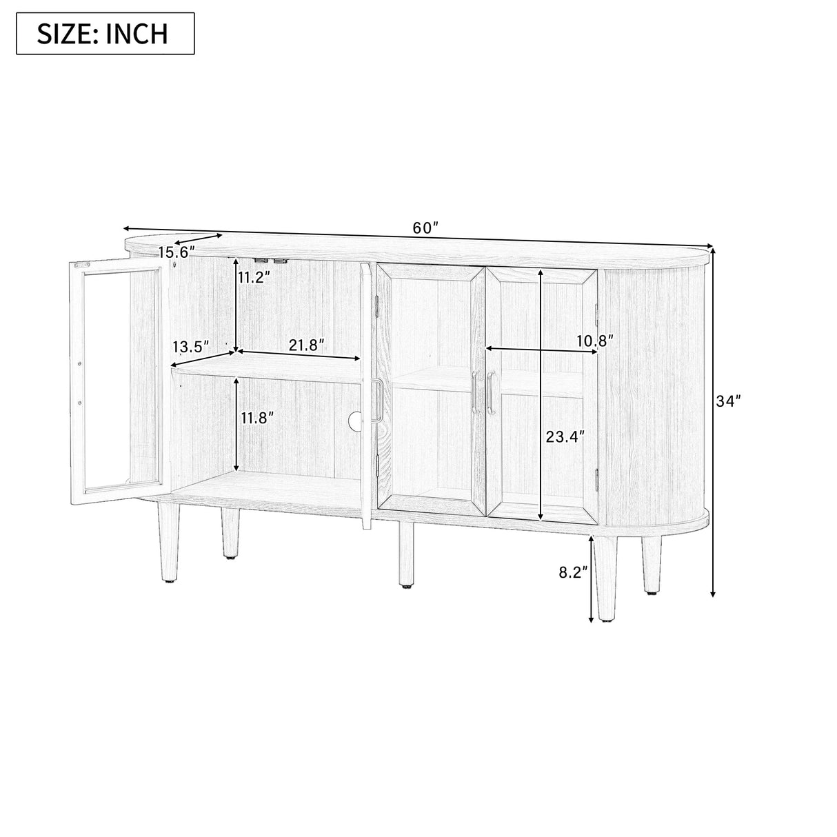 Wood Buffet Cabinet with Glass Doors and Adjustable Shelves