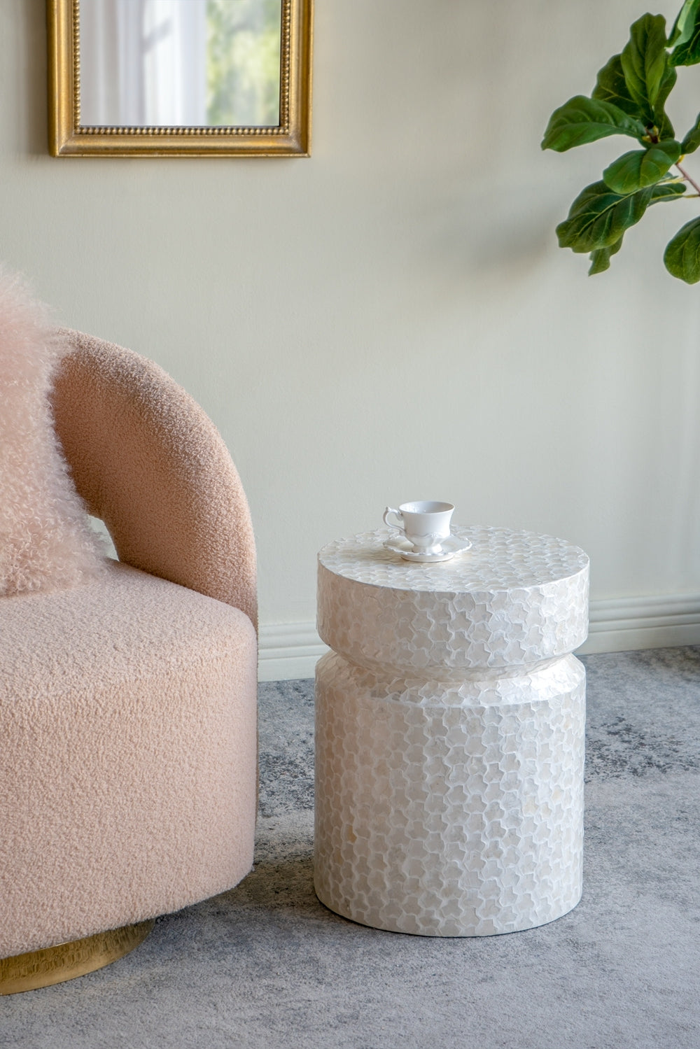 14x14x18' Round Wooden Accent Stool with White Capiz Finish