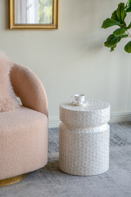 14x14x18'-Round-Wooden-Accent-Stool-with-White-Capiz-Finish-Side-Tables