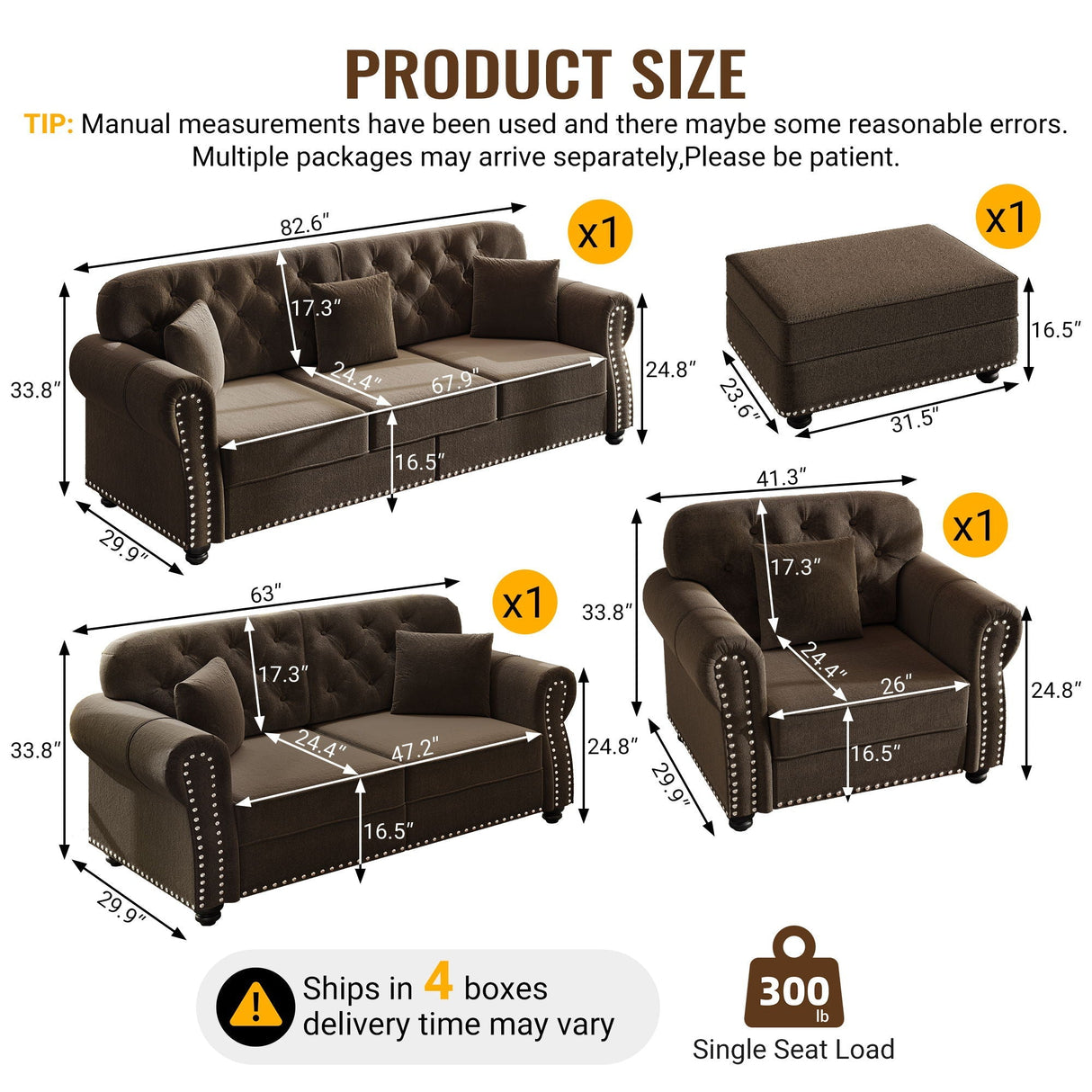 Upholstered Sofa Set With Nailhead Trim and Rolled Armrests, Includes Pillows