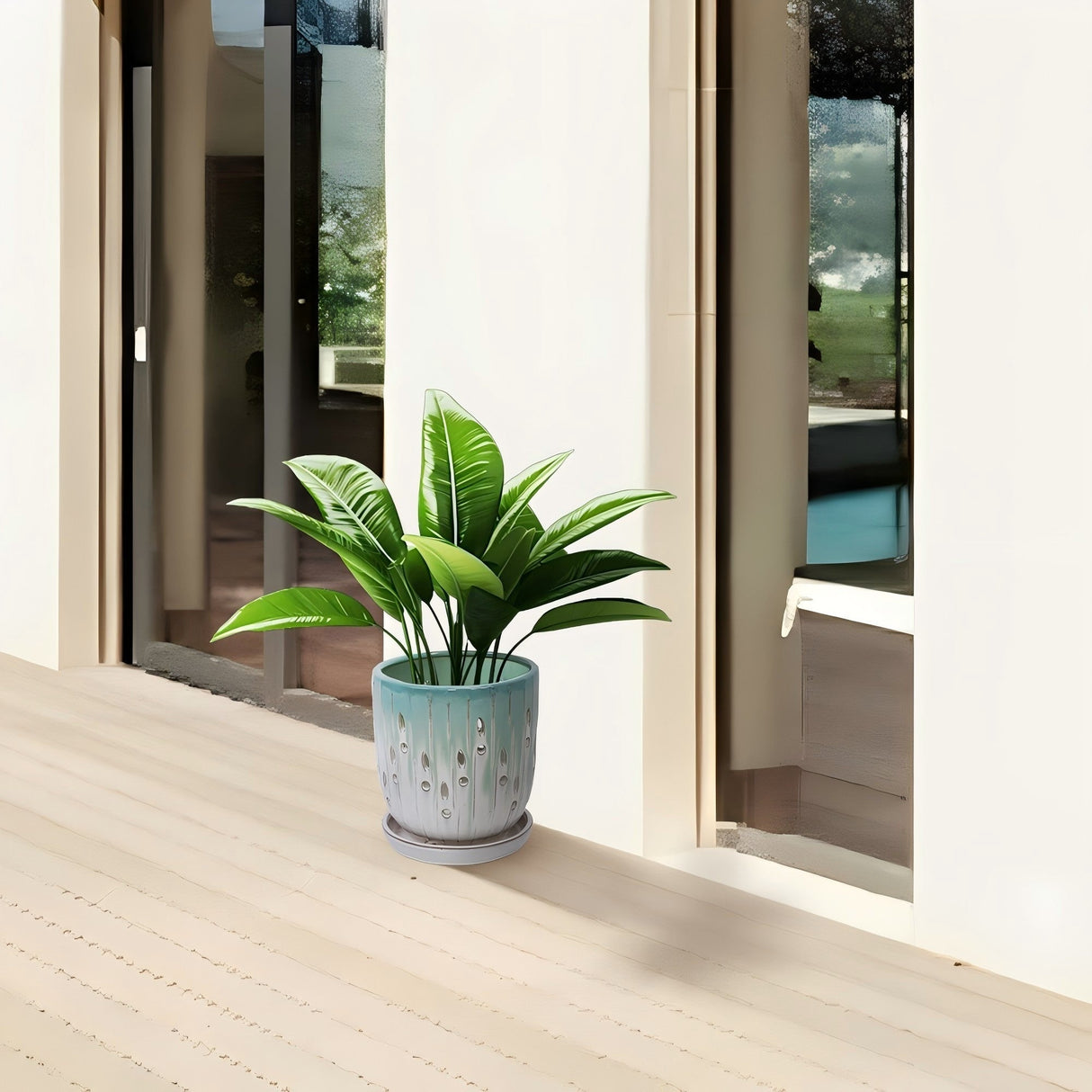 Set of 2 Ceramic Flowerpot with Drainage Hole, 8' Modern Planter for Patio, Garden, Windowsill - White Green