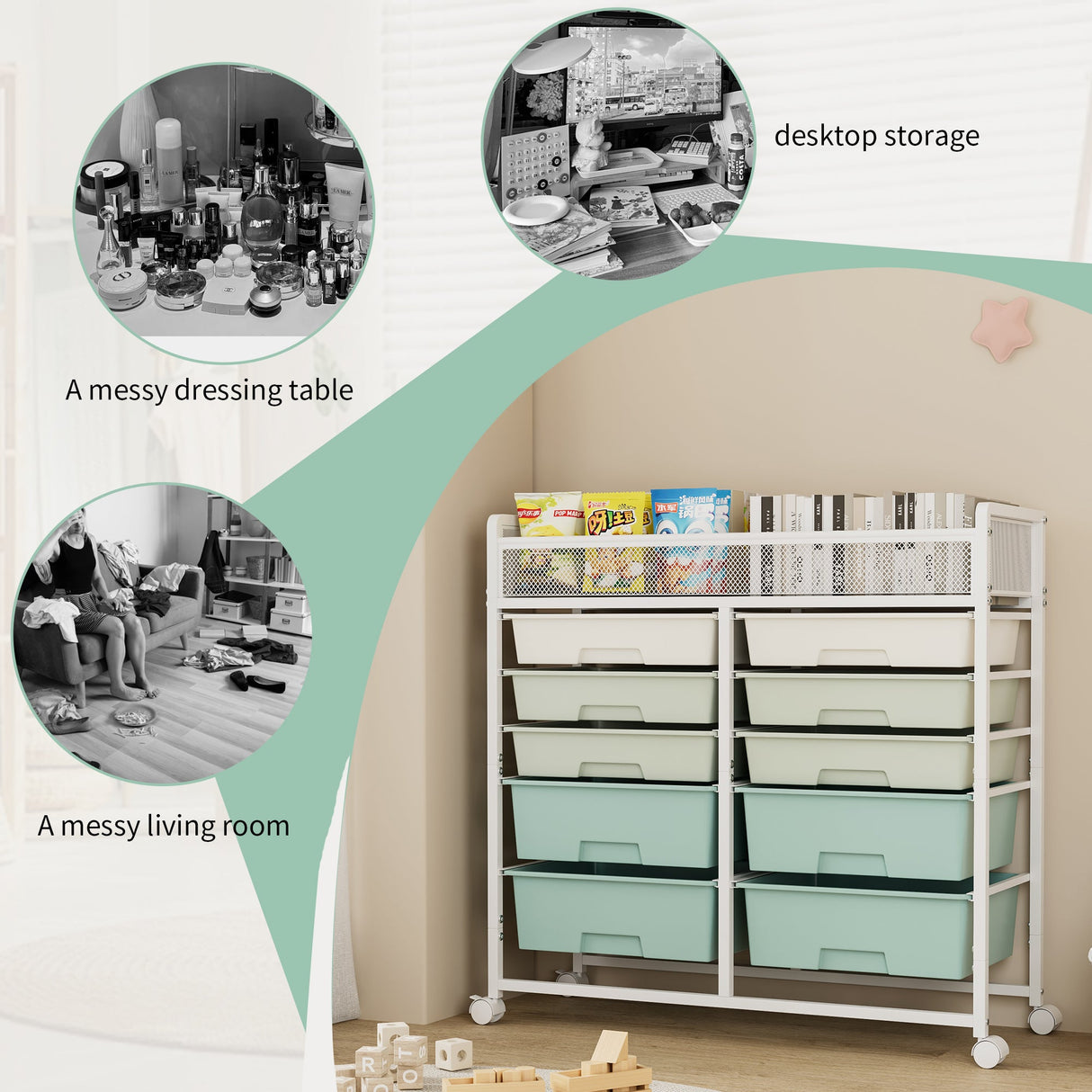 White Large Capacity 2-Row 10-Drawer Rolling Storage Cart