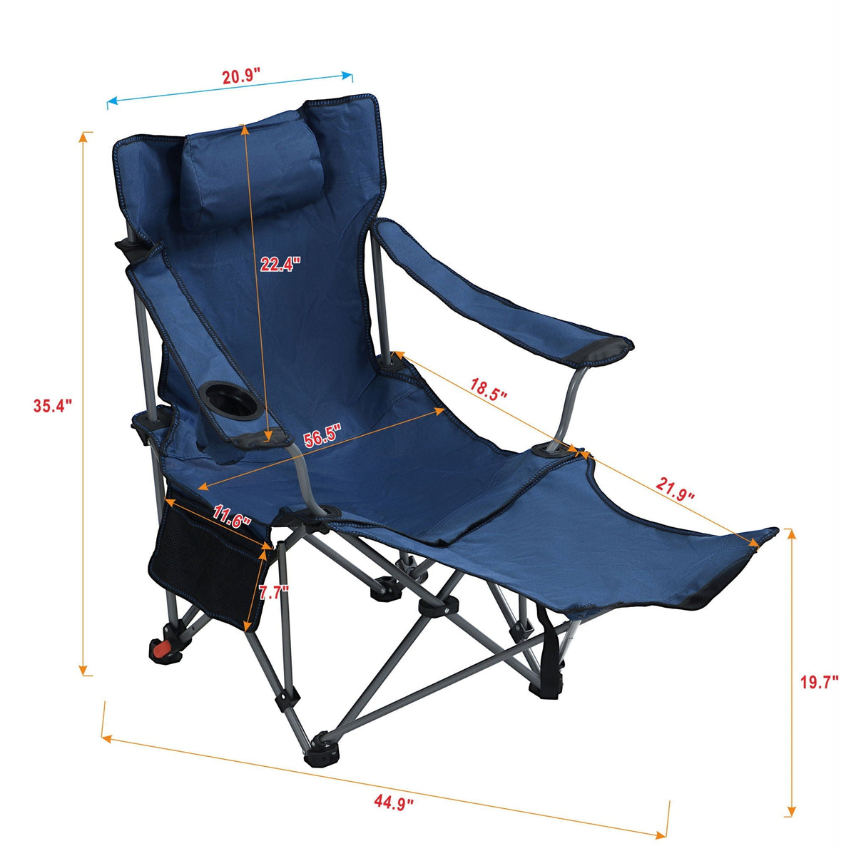 Outdoor Camping Chairs Folding Portable Adjustable Reclining Chair With Side Pockets & Cup Holder - Dark Blue