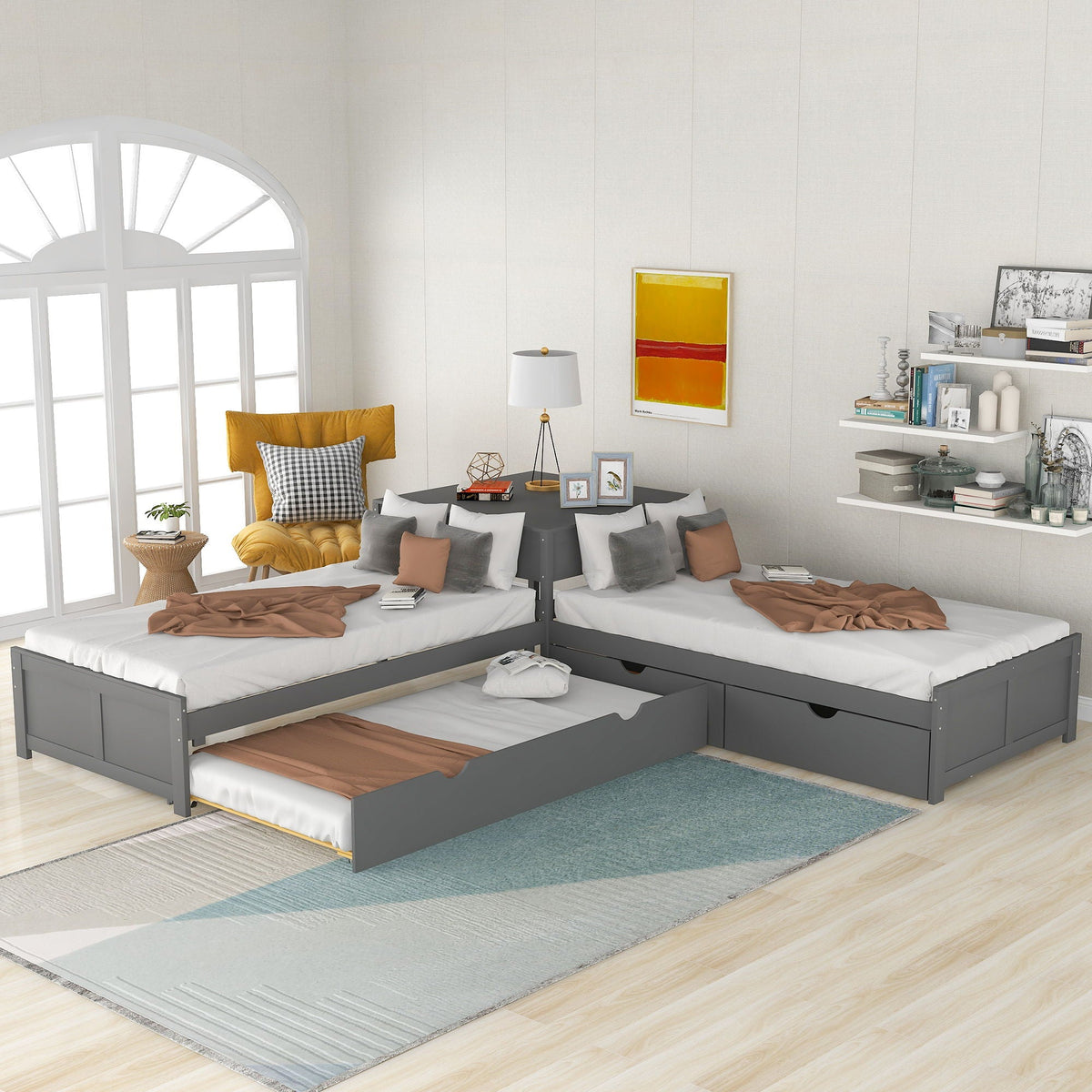 L Shaped Platform Bed With Trundle And Drawers Linked With Built In Desk