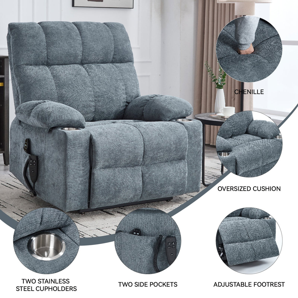 Grey Chenille Power Lift Recliner Chair