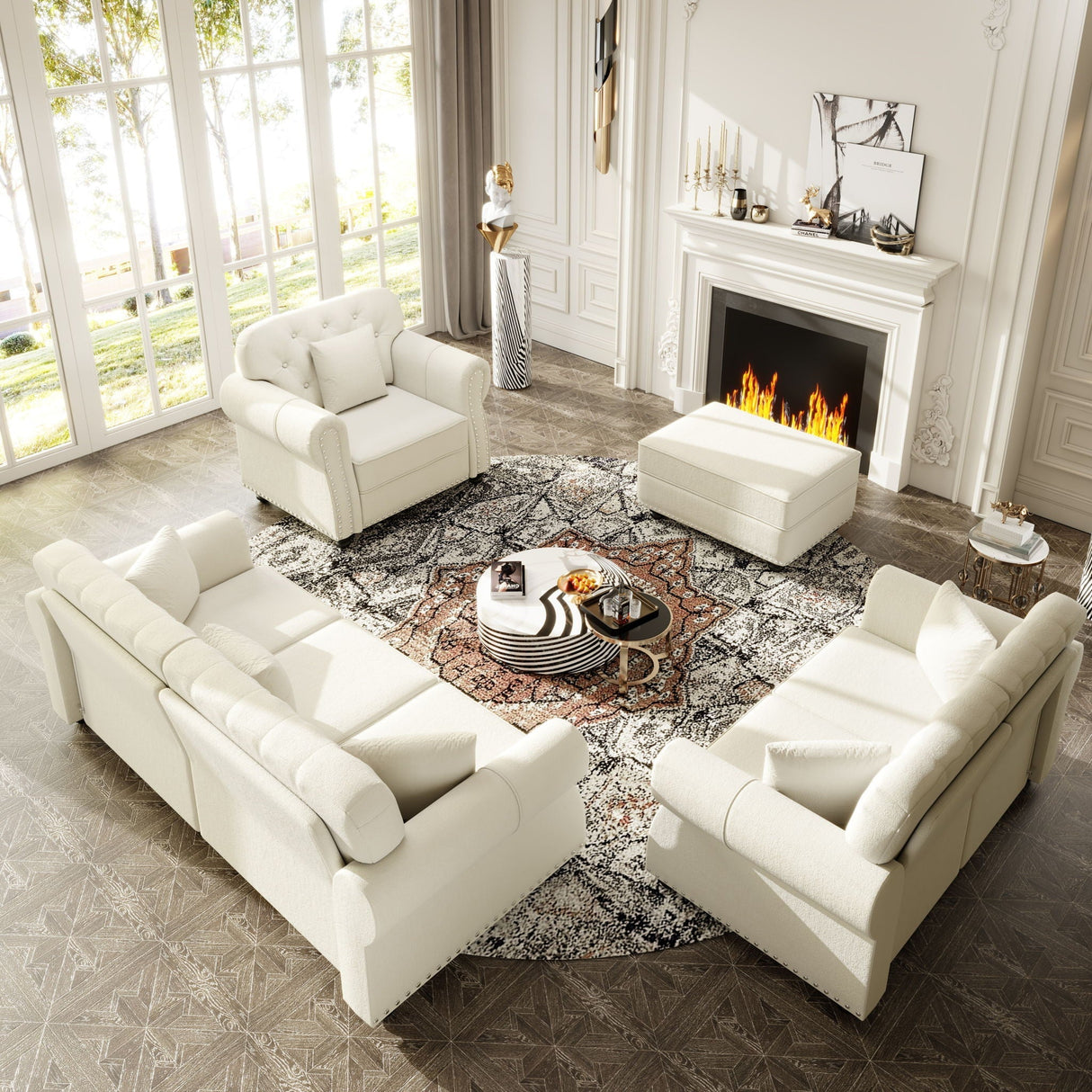 Upholstered Sofa Set With Nailhead Trim and Rolled Armrests, Includes Pillows