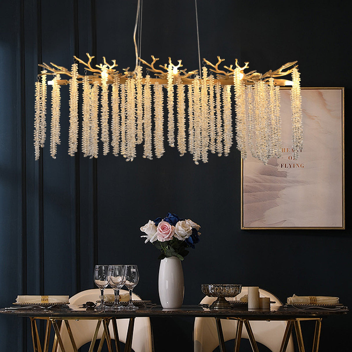 39-inch Modern Golden Pendant Light with Cascading Crystal Strands