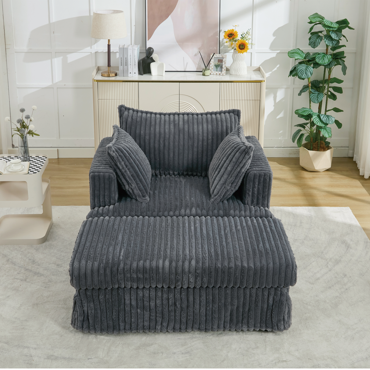 Oversized Corduroy Chaise Lounge with Ottoman in Dark Gray