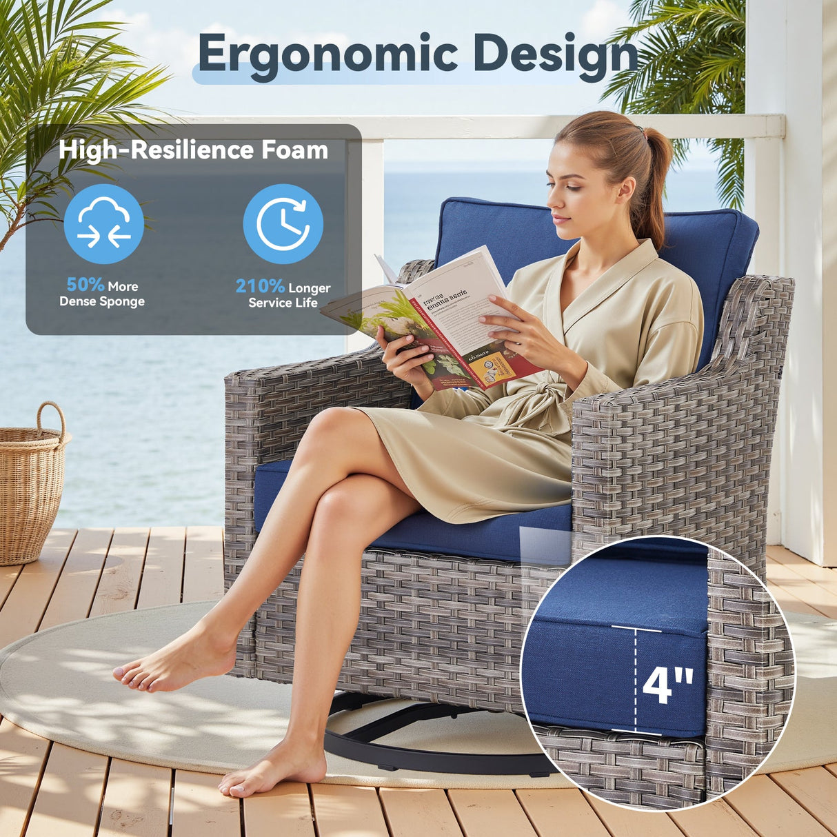 Swivel Outdoor Chairs Set of 2, with Glass-Top Side Table, 3 Pieces