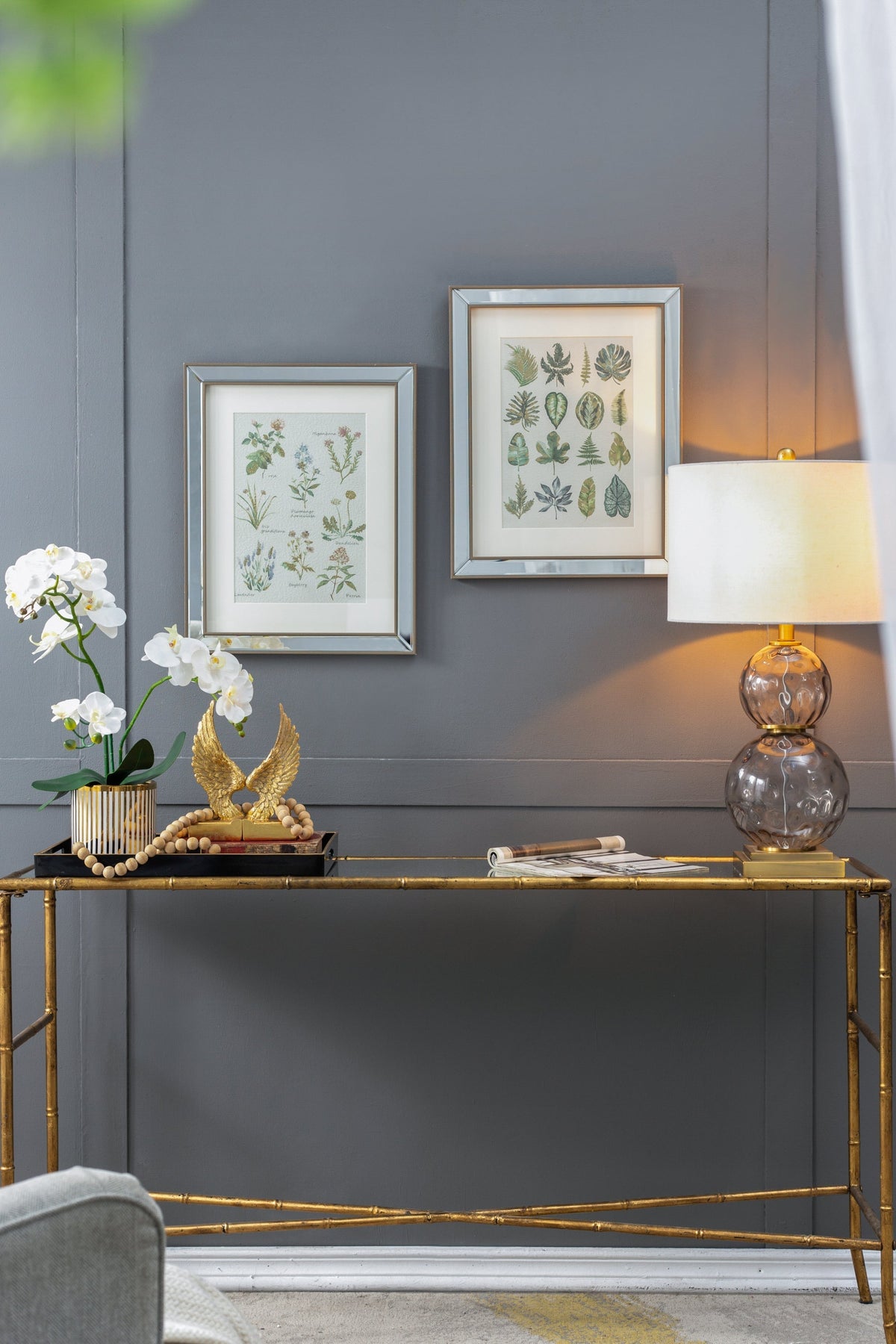 Liana Mirror Framed Wall Art Set with Botanical Designs - Golden Tint