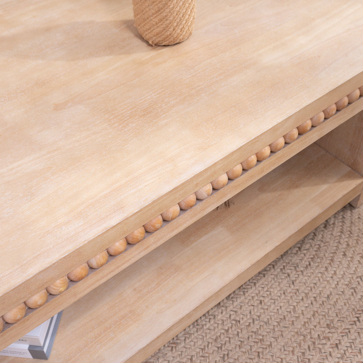 Modern Wood Coffee Table with Beaded Trim – 47 Rectangular Coffee Table with Open Storage Shelf, Light Natural Finish – Farmhouse & Coastal Living Room Furniture