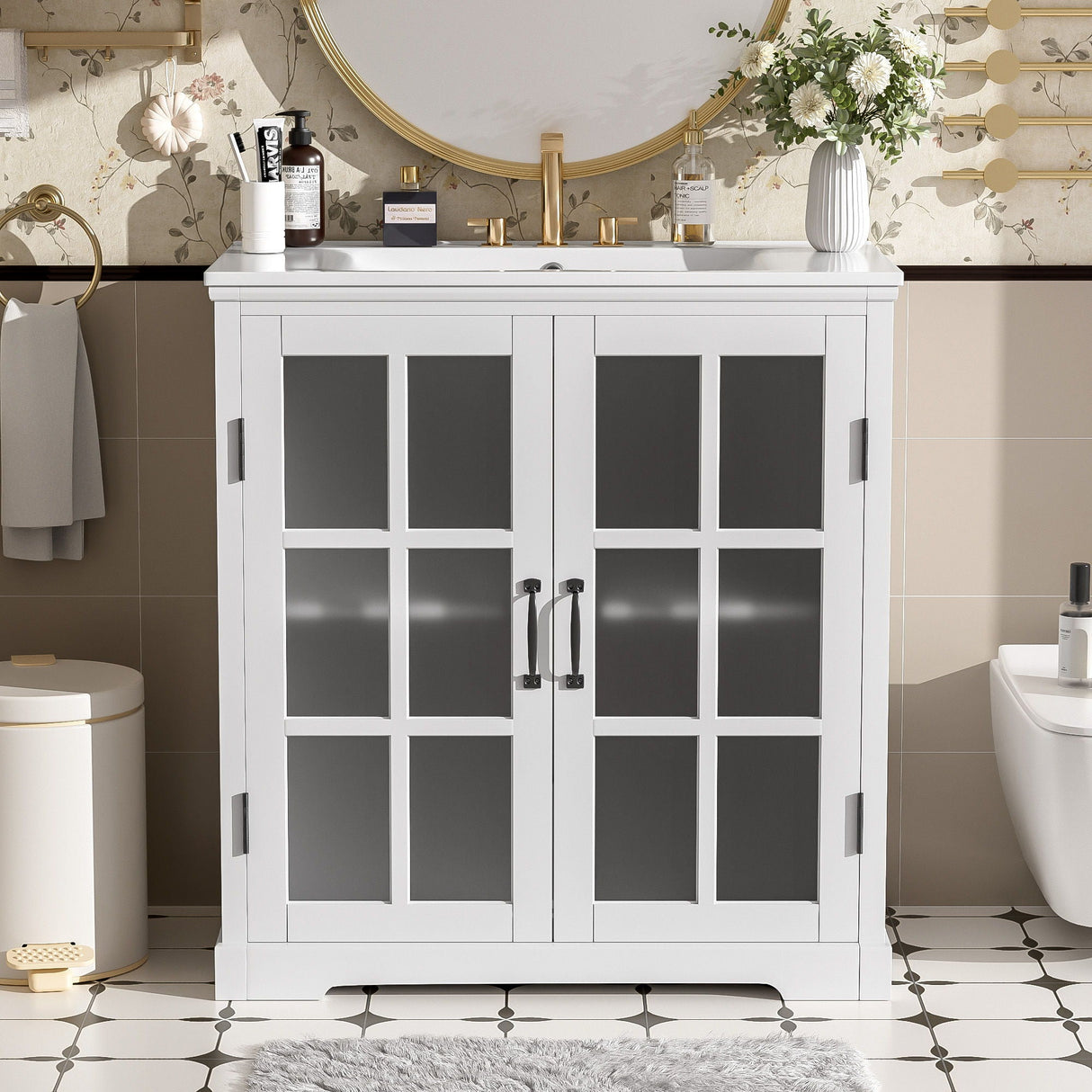 Modern Bathroom Vanity with Ceramic Sink and Tempered Blurred Glass Doors