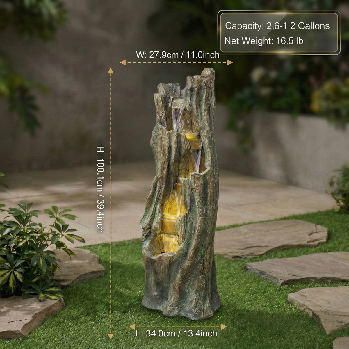 Waterfall Fountain for Outdoor Gardens with LED Lighting - Grey