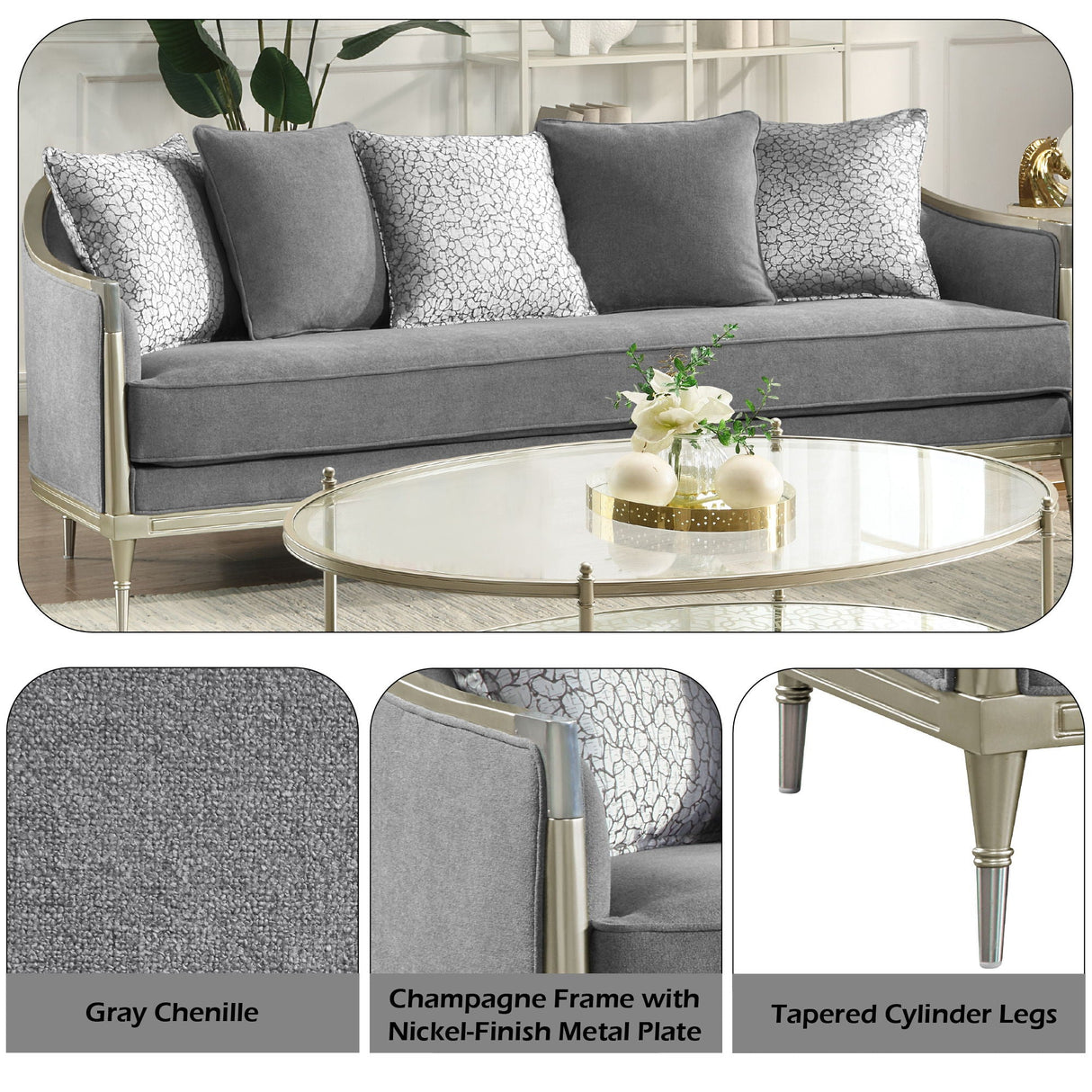 Fernando - Sofa With 5 Pillows - Champagne / Gray