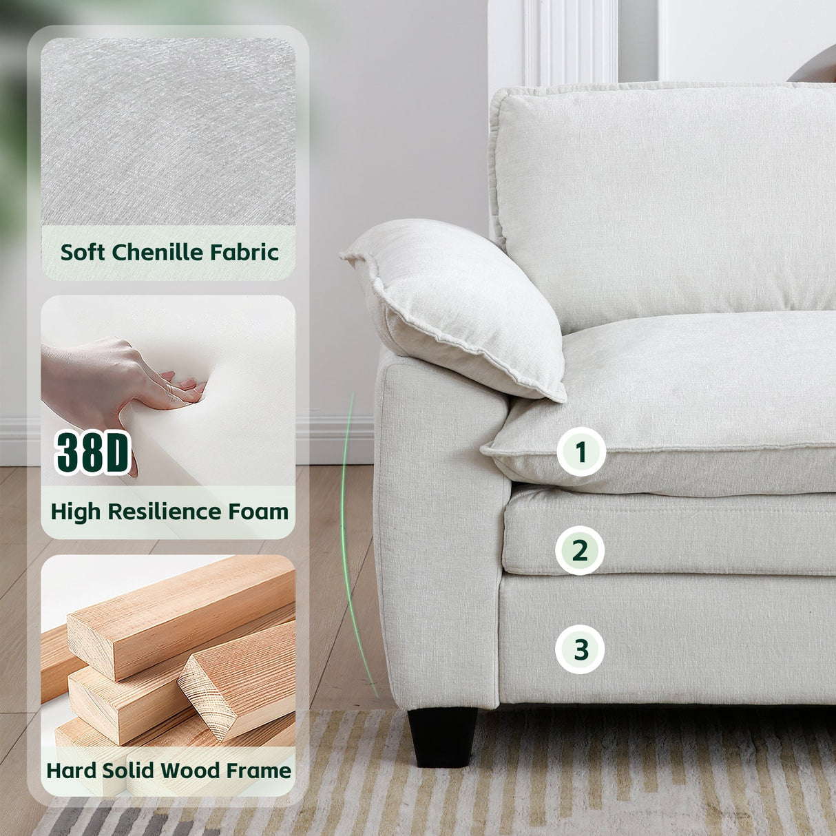 Living Room Furniture Sofa Luxury Couch with Ottoman Soft Chenille Upholstered L Shape Sofa Beige