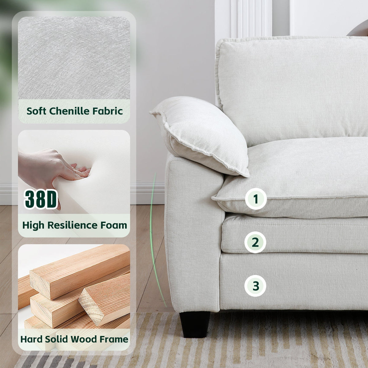 Living Room Furniture Sofa Luxury Couch with Ottoman Soft Chenille Upholstered L Shape Sofa Beige