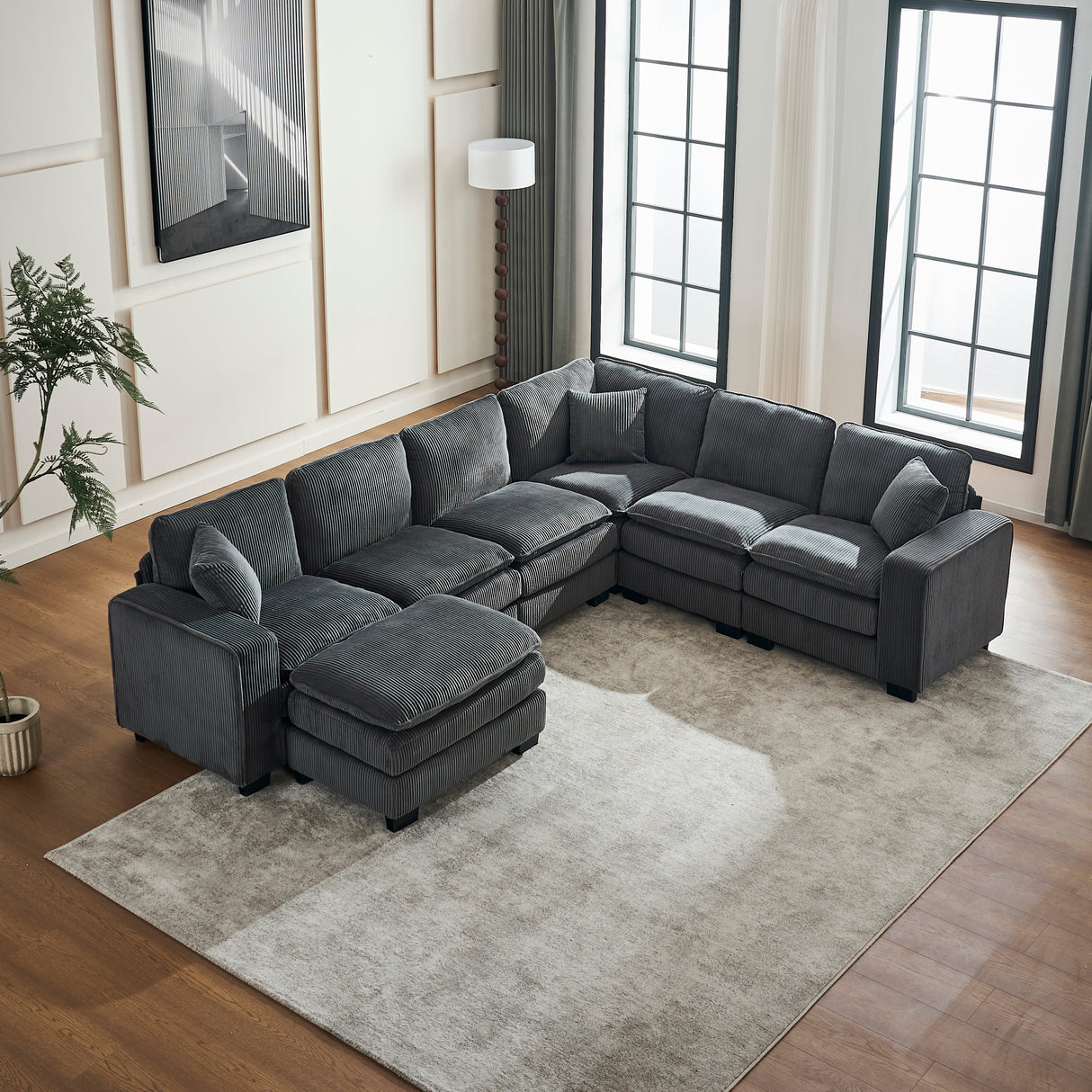 Modern U Shaped 6-Seat Sectional Sofa Couch with Ottoman