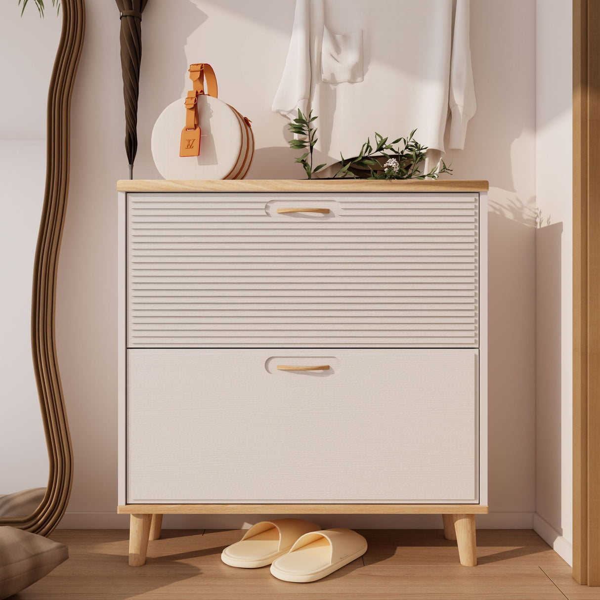 Narrow Entryway Shoe Storage Cabinet With 2 Flip Drawers Legs - Natural / White