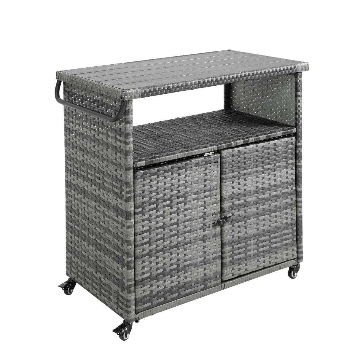 Outdoor Wicker Bar CartPatio Wine Serving Cart w/Wheels Rolling Rattan Beverage Bar Counter Table w/Glass Top for Porch Backyard Garden Poolside PartyLight brown