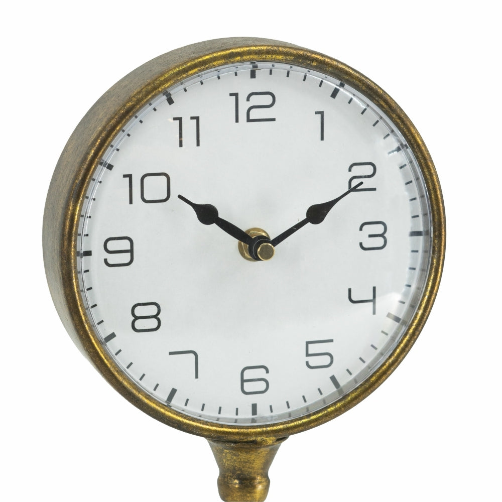 Vintage Inspired Gold Iron Table Clock with Pedestal Design - Gold