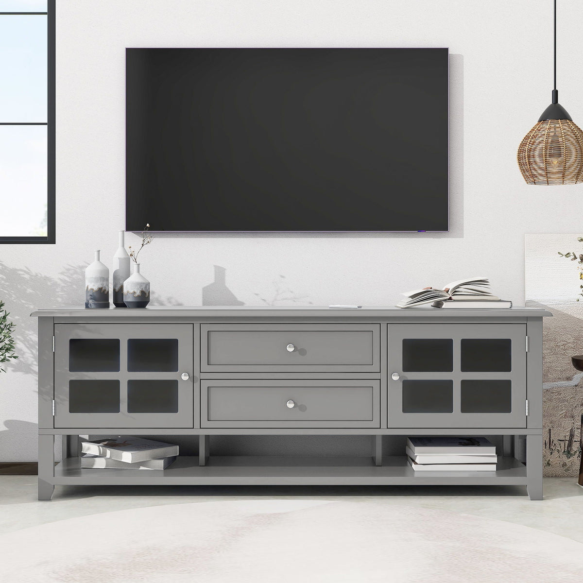 TV Stand, Entertainment Center With Dual Drawers And Hidden Storage, Cabinet With Soft Closing Doors And Sleek Panel Design