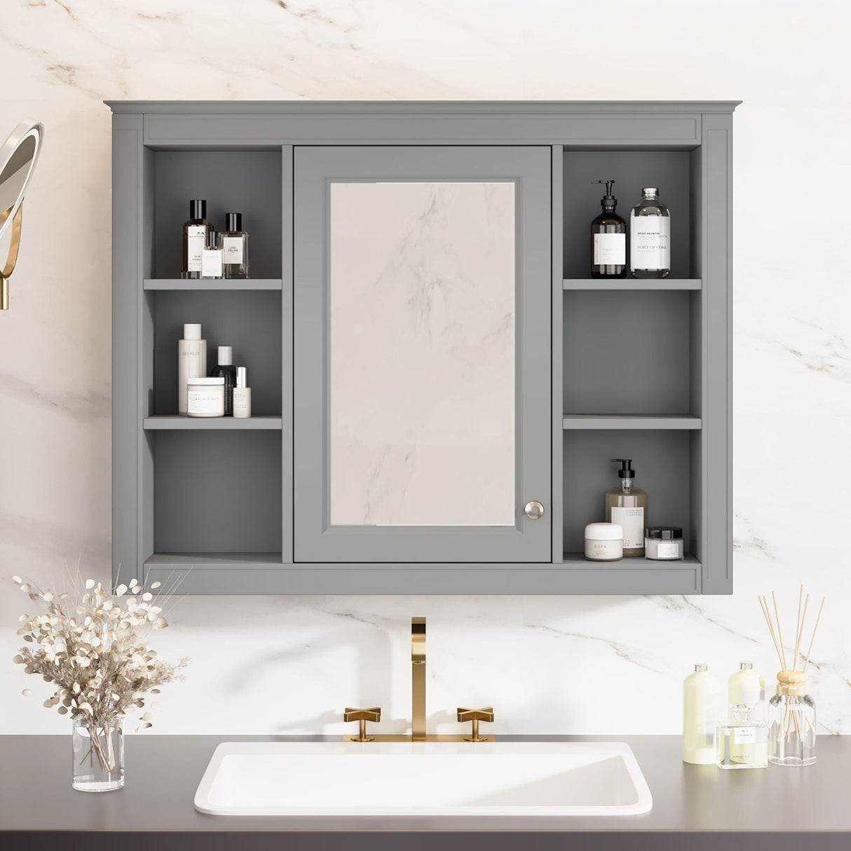 Wall Mounted Medicine Cabinet With Mirror and 6 Open Shelves