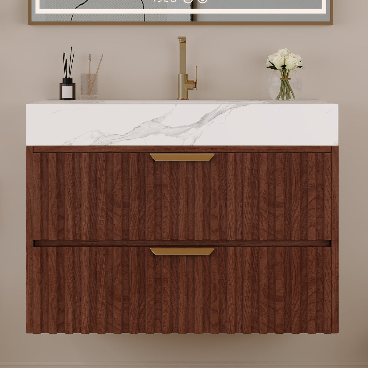 30" Modern Floating Bathroom Vanity with Seamless Sintered Stone Top & Ceramic Basin – 2 Soft-Close Drawers, Wall-Mounted