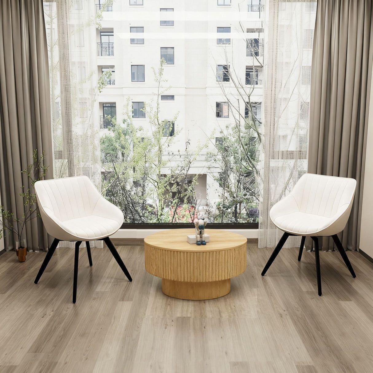 Round Coffee Table With 2 Dining Chairs Set, Ring Striped Design - Beige / Wood