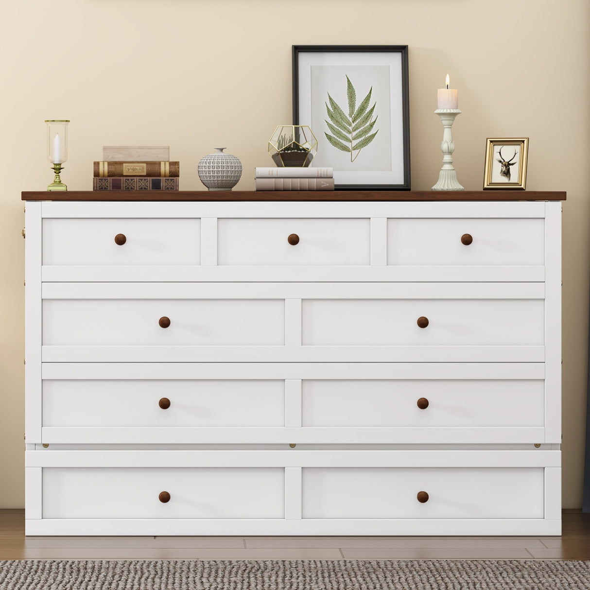 Solid Pine Murphy Bed Chest with Charging Station and Large Storage Drawer - Queen - White+Walnut