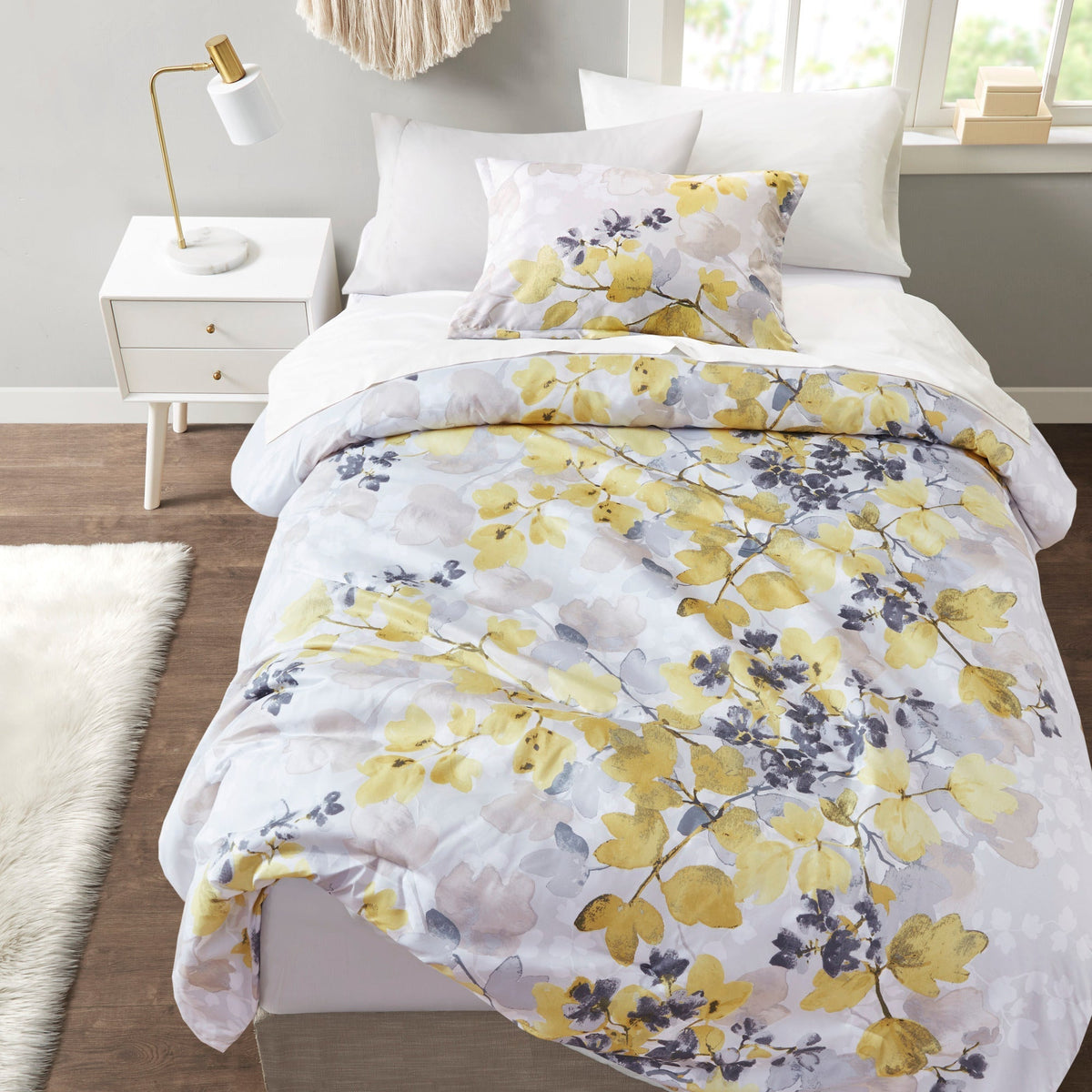 Yellow Botanical Comforter Set with Hypoallergenic Microfiber - Full