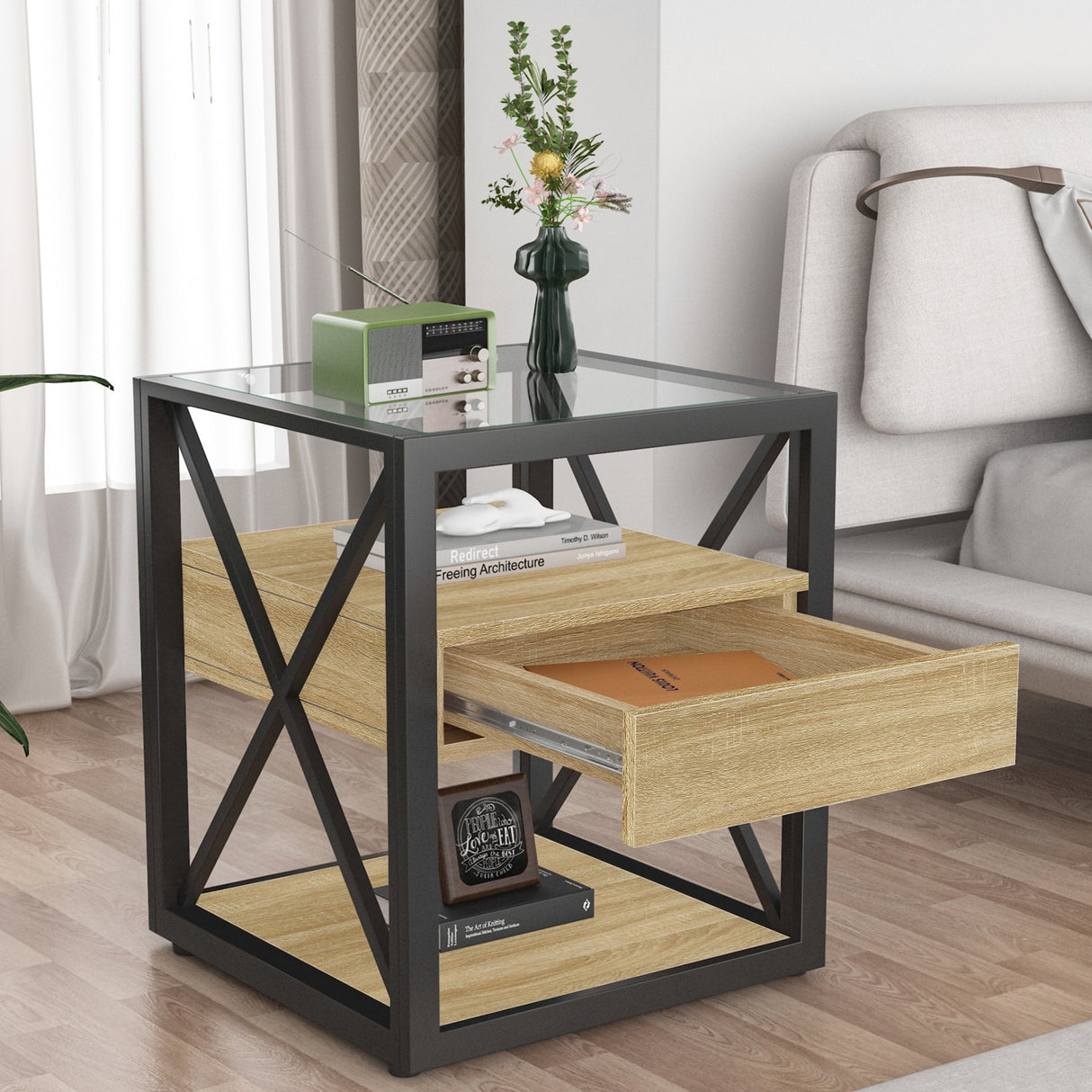 1 Piece Modern End Table with Drawer - Natural Wood & Tempered Glass