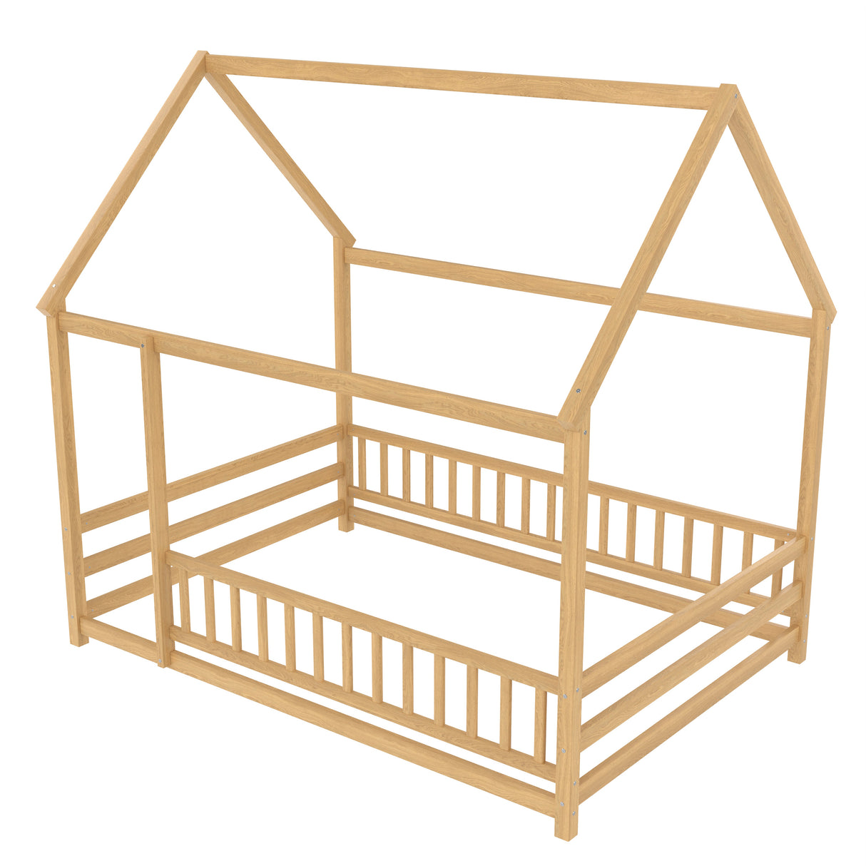 Full Size Floor Wooden Bed with House Roof Frame