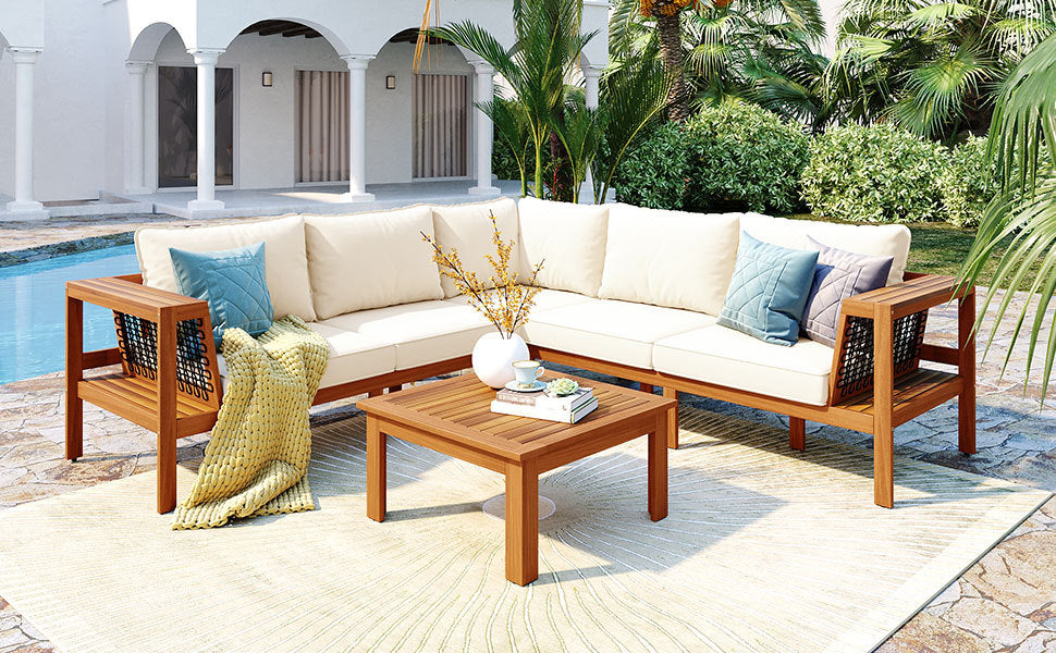 GO 4 Pieces Outdoor Acacia Wood Sofa Set with Coffee Table