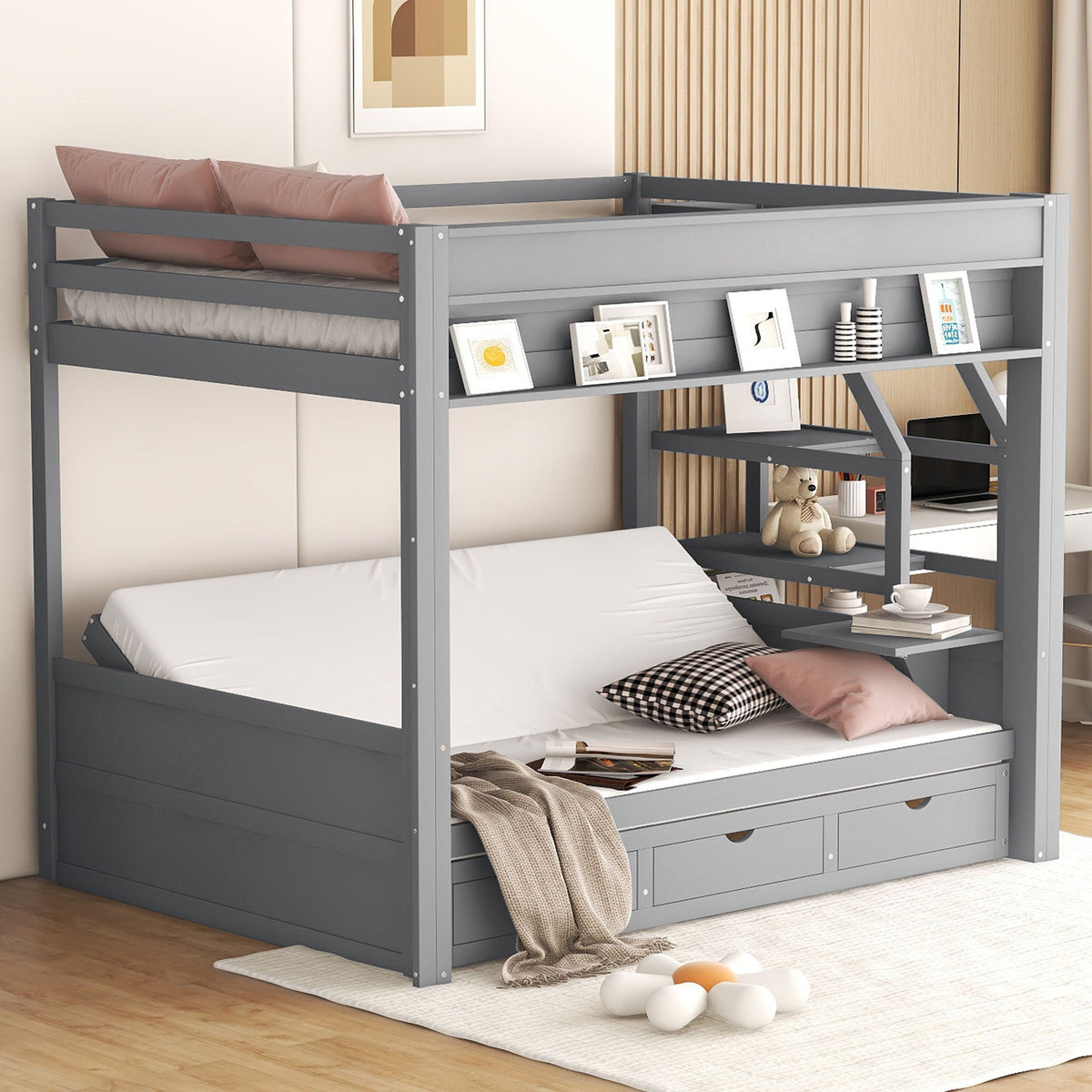 Full Size Convertible Wood Bunk Bed with Storage Staircase - Gray
