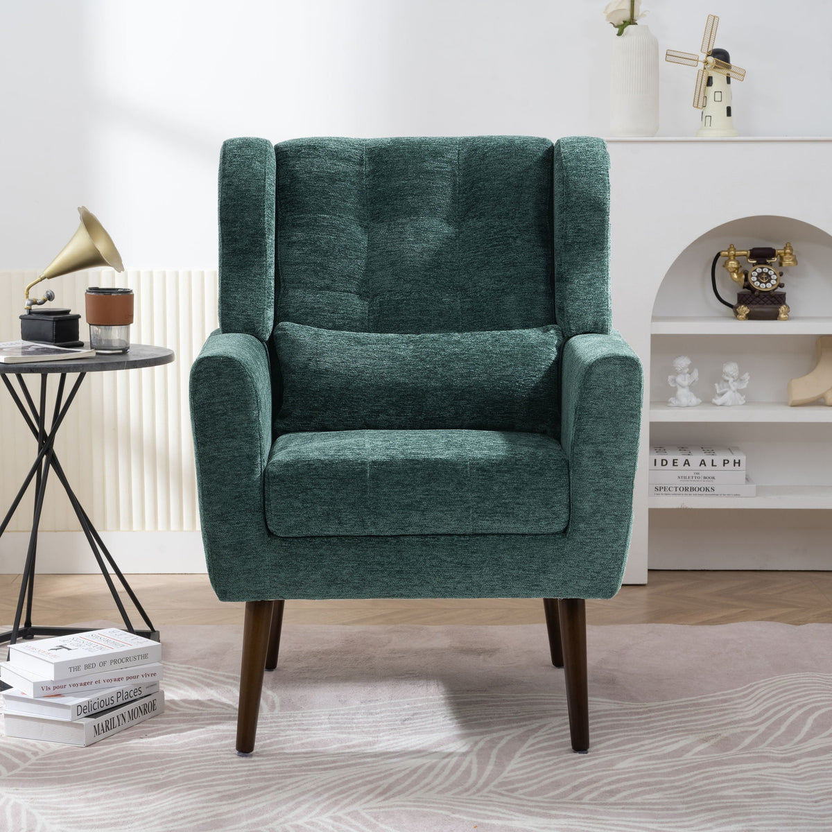 Modern Accent Chair, Arm Chairs For Living Room, Upholstered Mordern Armchair, Comfy Soft Padded Lounge Chair In Small Space, Bedroom, With Pillow, Solid Wood Leg