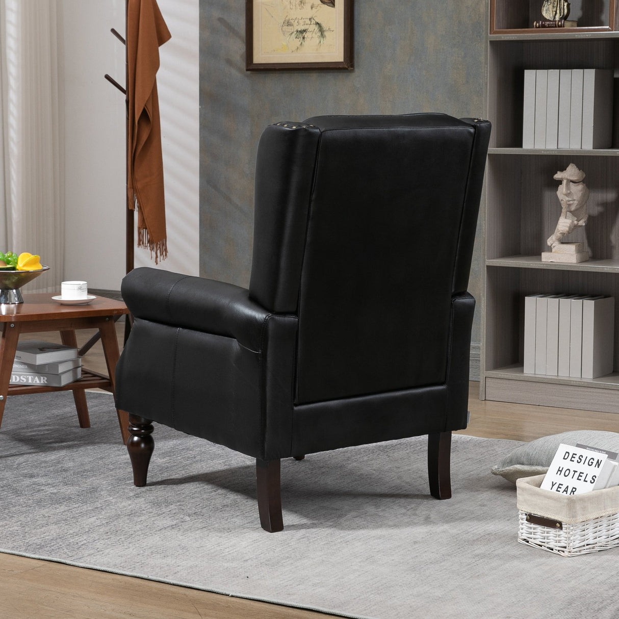Modern Accent Armchair with Black PU Leather and Wood Legs