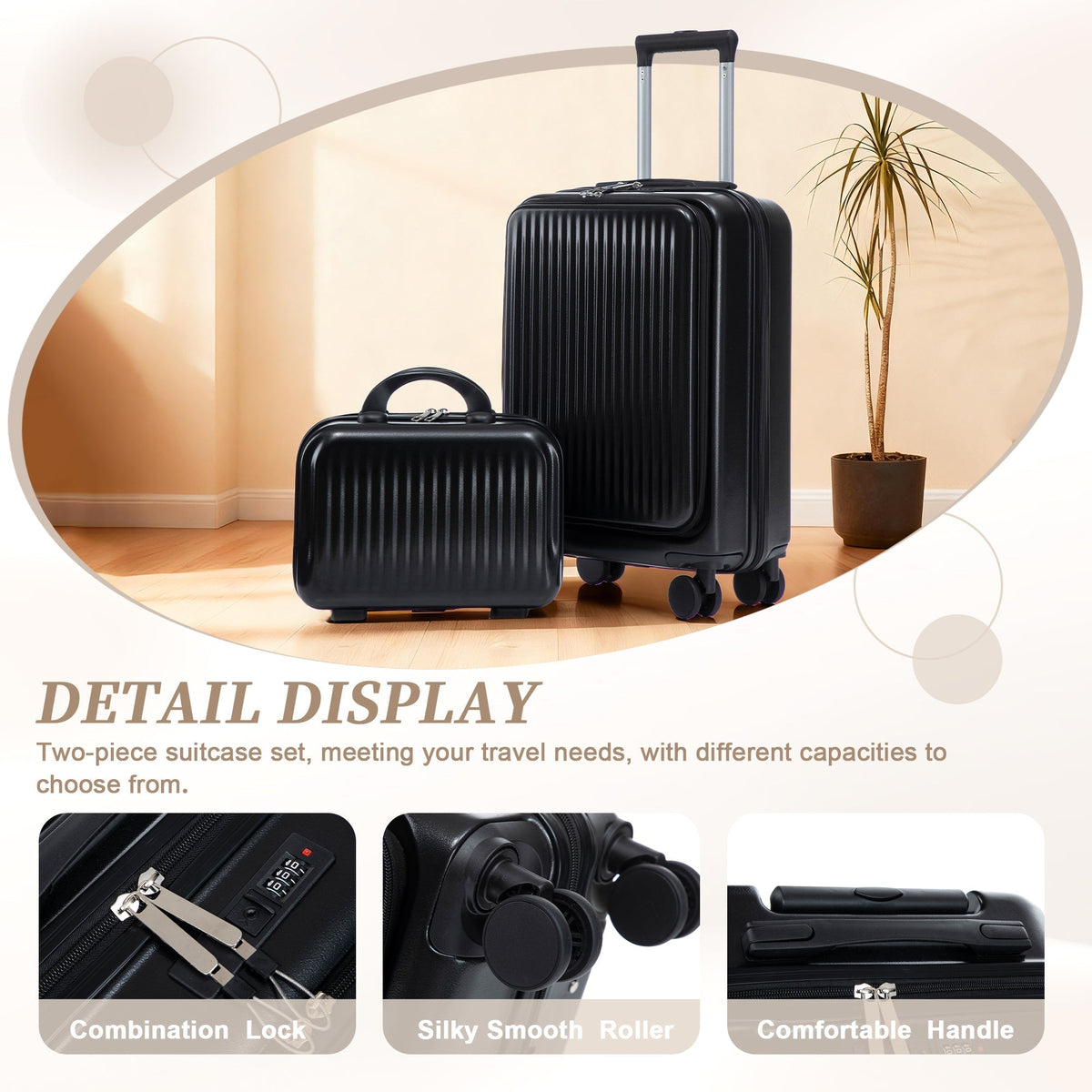 ABS Spinner Wheel Luggage Set with Cosmetic Case - Black