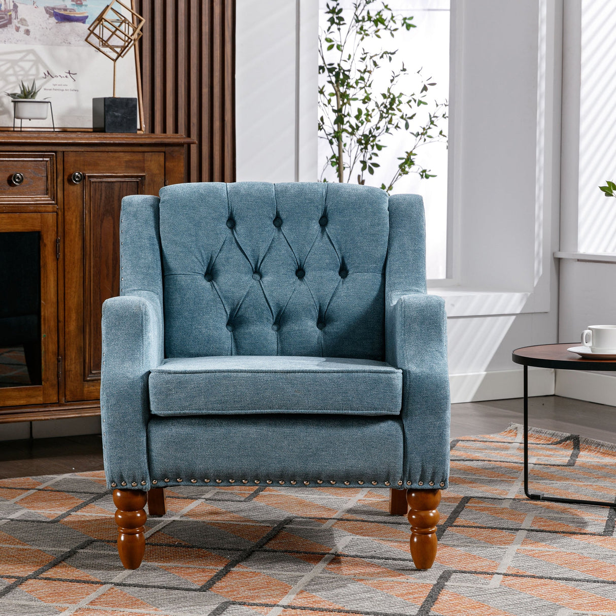 Button-Tufted Upholstered Accent Chair with Nailhead Trim and Turned Legs