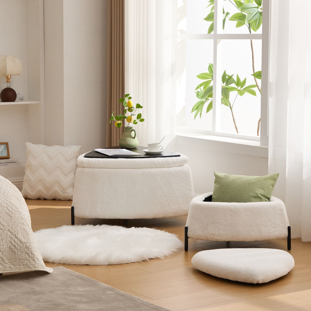 Upholstered Storage Ottoman Set With Reversible Lid
