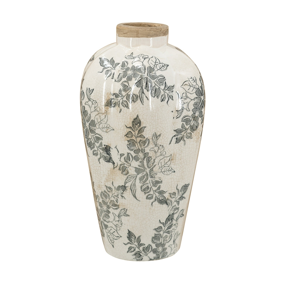 White Ceramic Accent Vase with Gray Floral Design - 11.6" Height