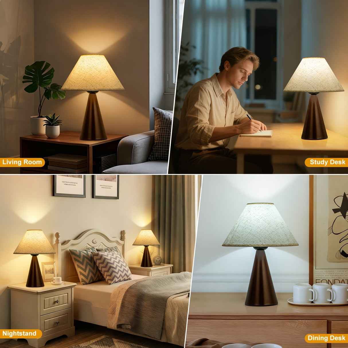 Modern Bedside Table Lamps Set of 2 – 3 Color Fabric Shade Nightstand Lights