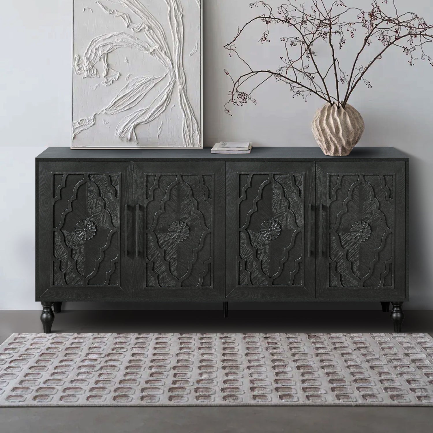 Carved flower door large storage cabinet with metal handle (black)