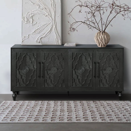 Carved flower door large storage cabinet with metal handle (black)