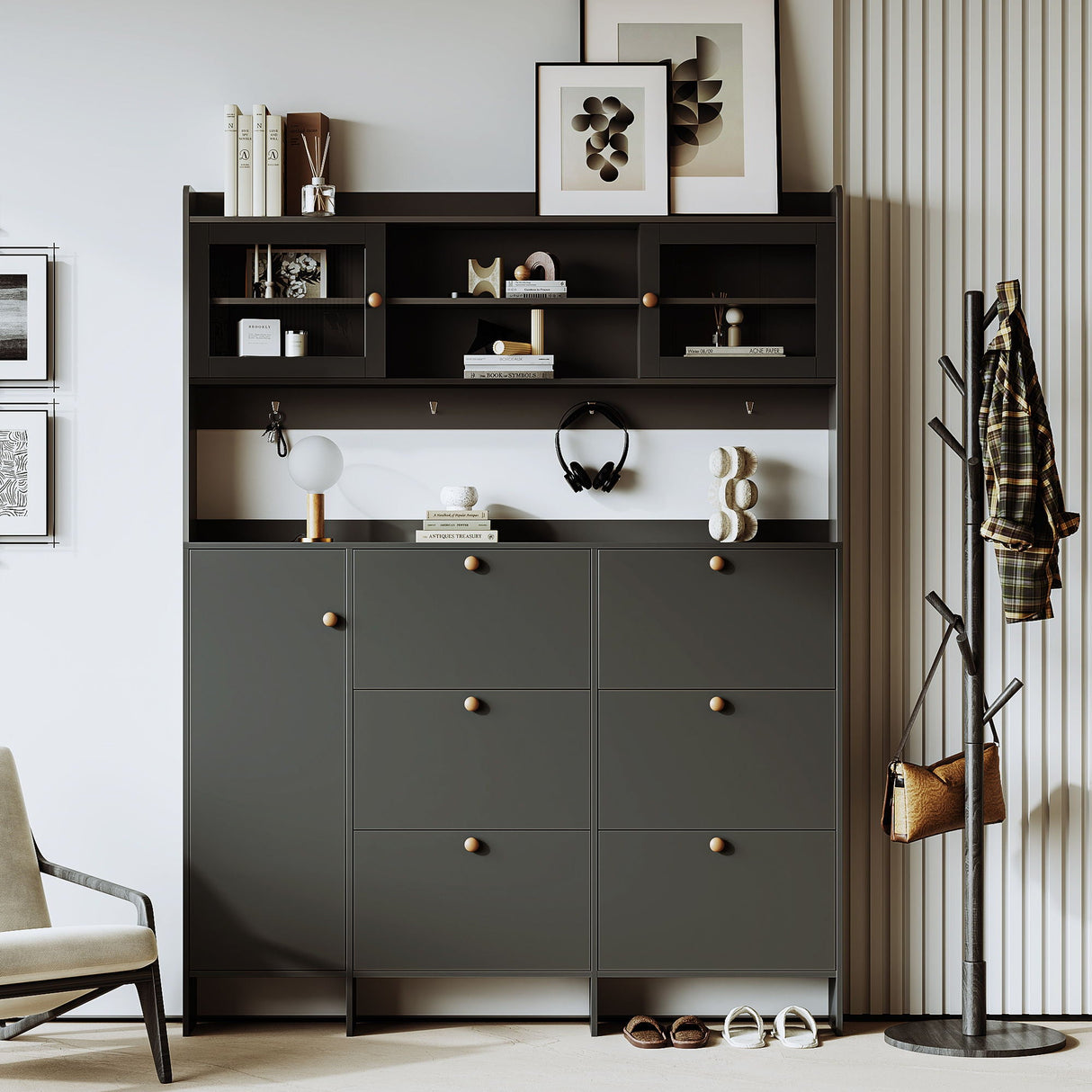 On Trend Multifunctional Tipping Bucket Shoe Cabinet With Storage Shelf & 6 Flip Drawers