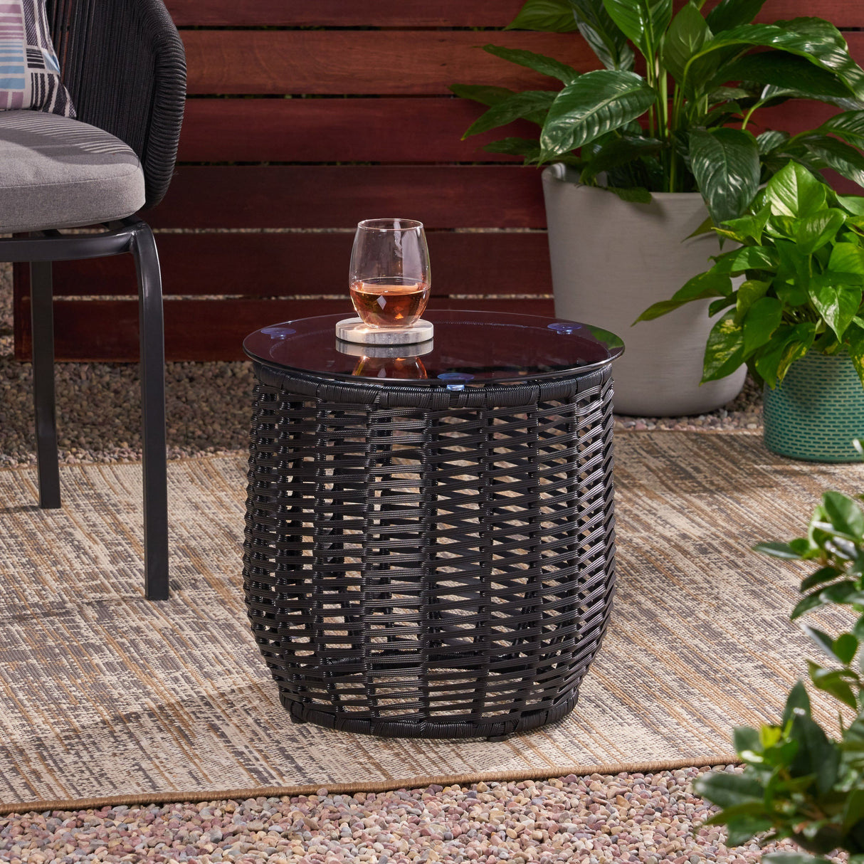 Boho ARIAS Side Table with Tempered Glass Top and Rattan Wrap, Black, 15.5 inches