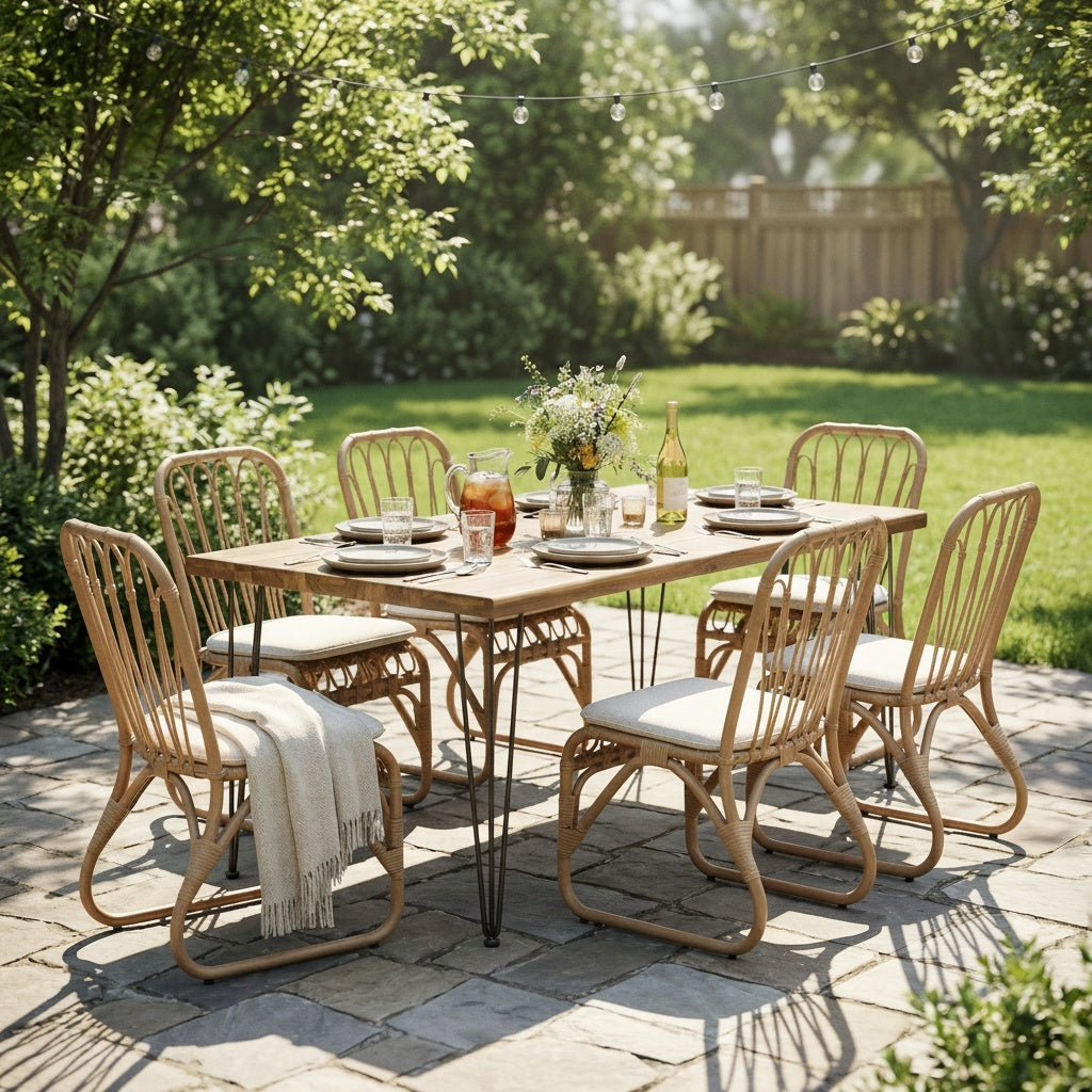 7-Piece Outdoor Dining Set for 6 with Acacia Wood Top & Rattan Chairs