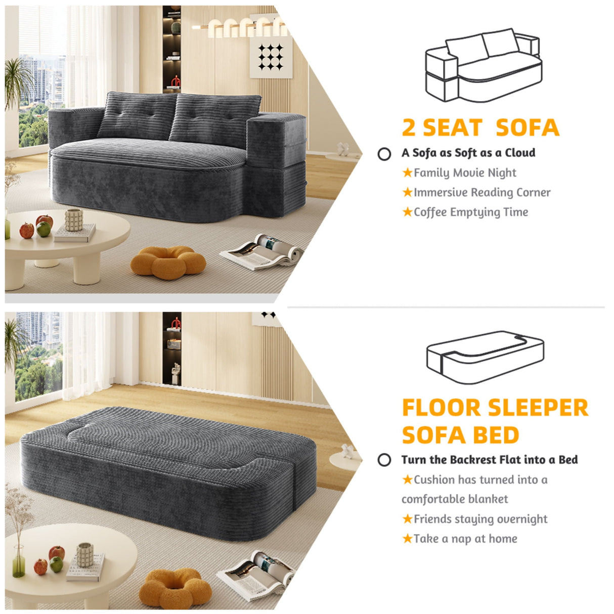 Convertible Floor Sofa Bed With Multi Functional Blanket