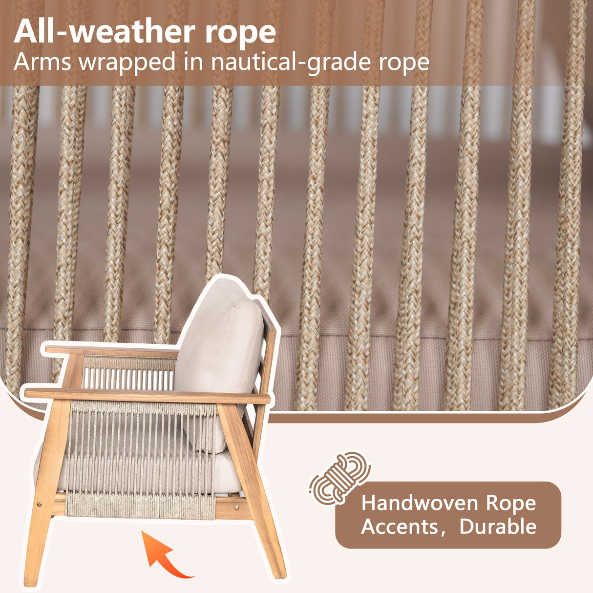 Outdoor Acacia Wood and Rope Patio Chair with Cushions (Set of 2)